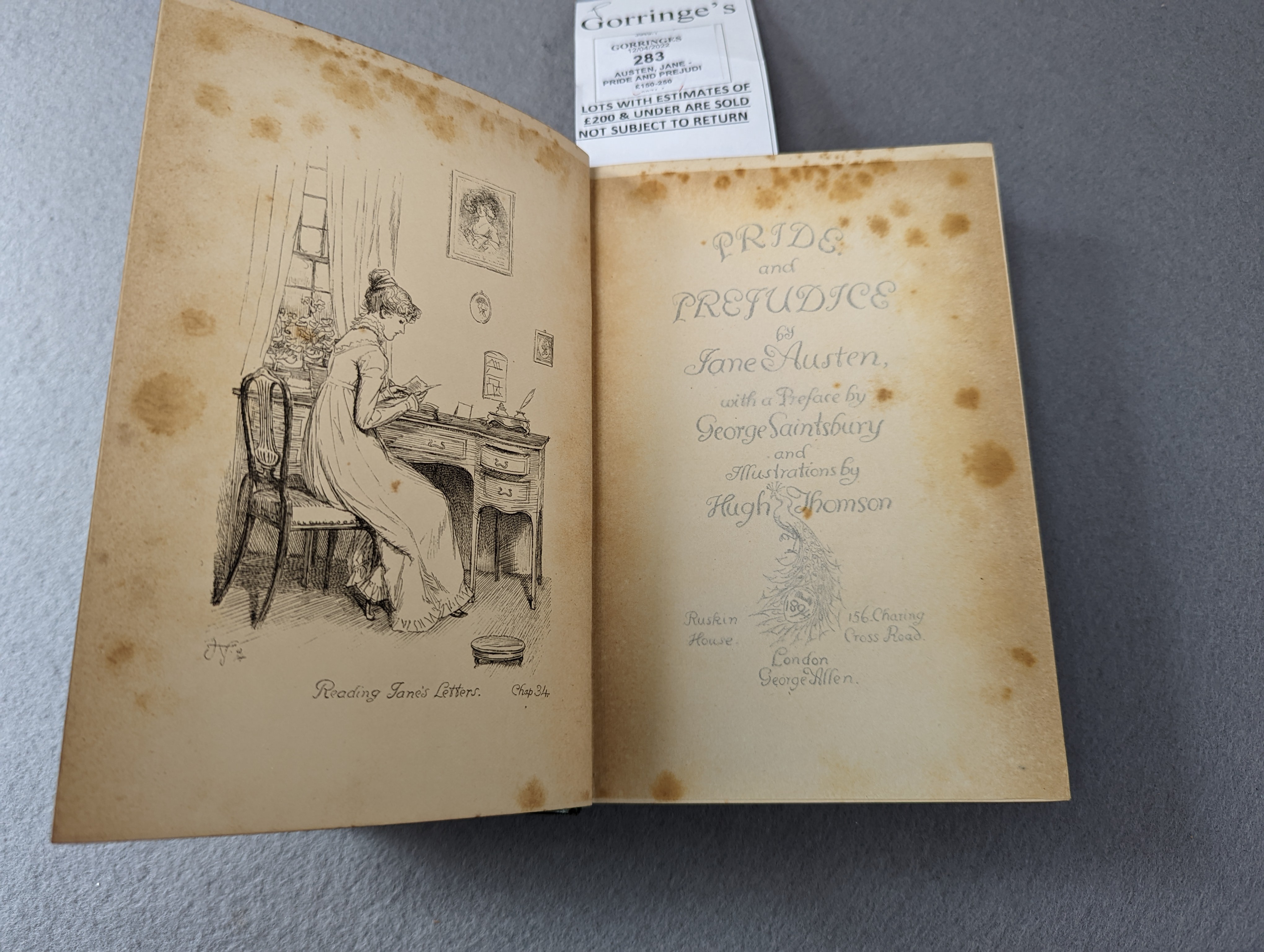 Austen, Jane - Pride and Prejudice... with a preface by George Sainsbury and illustrations by Hugh Thomson; dark blue / green publisher's cloth, upper cover and spine gilt overall in the 'Peacock' design, ge. and dark bl